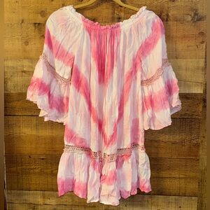 Raviya Pink Tie Dye Boho Off Shoulder Mini Dress